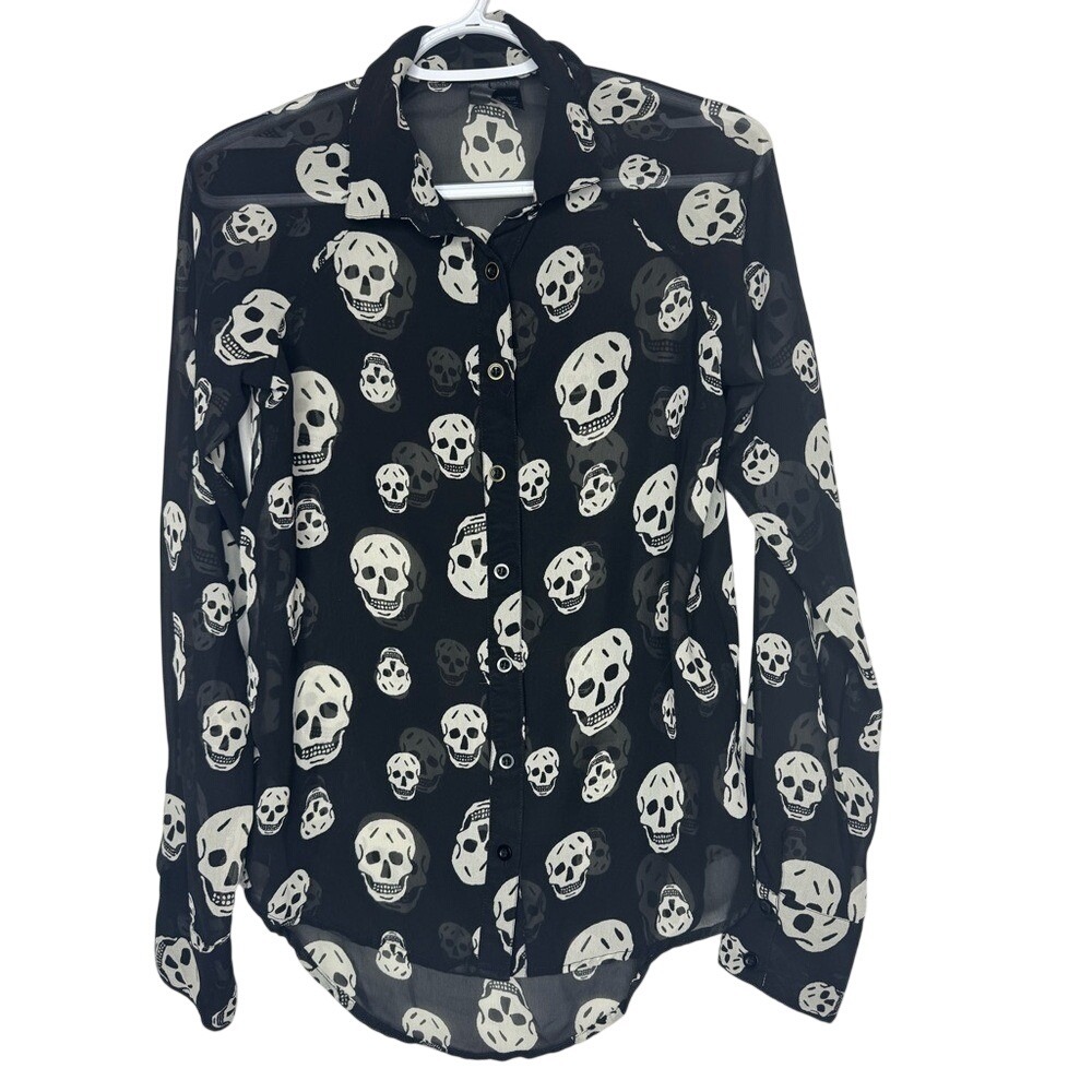 Fun N Flirt Womens All Over Skull Print Blouse Sheer Long Sleeve Goth Skeleton‎